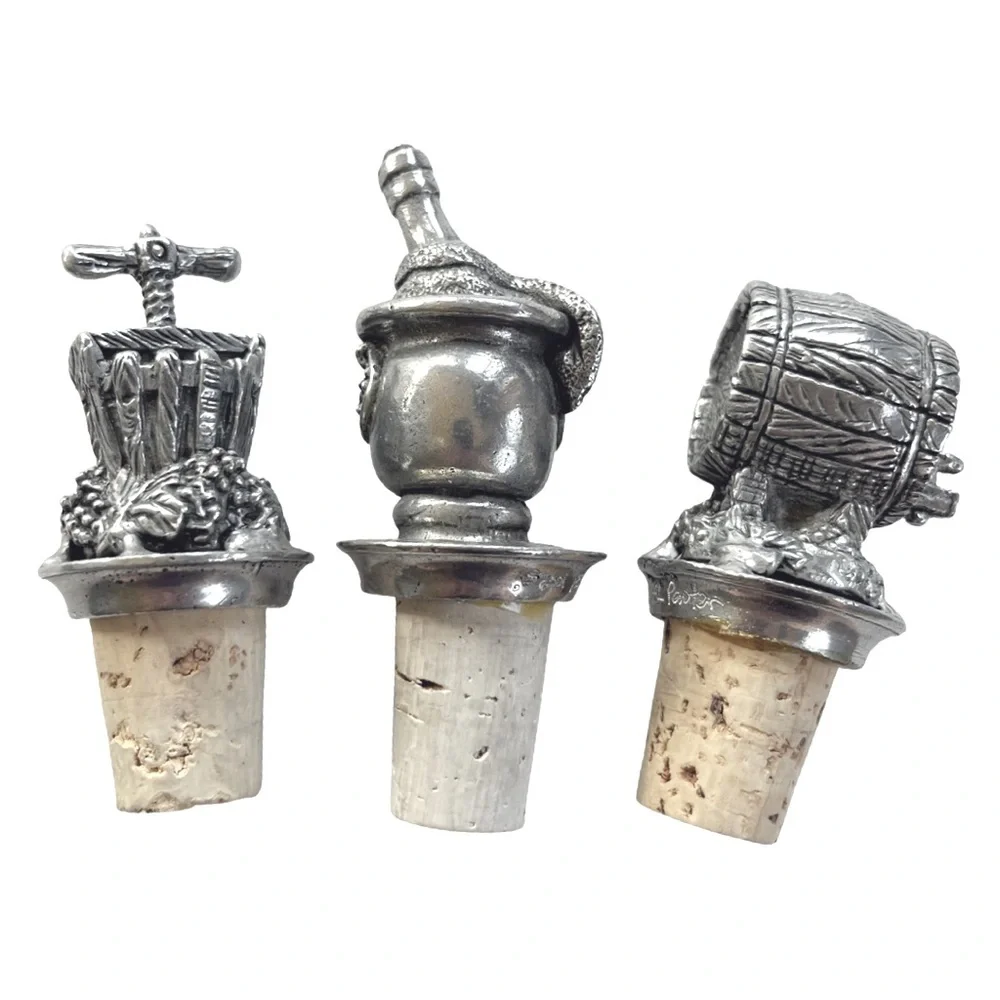 3 Vintage Solid Pewter Wine Stoppers Vineyard Inspired Barrel, Press, & Bucket